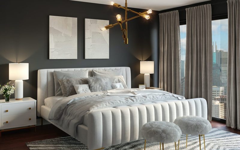 Bedroom with the dark wall color and white rug
